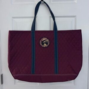 VTG L.L. Bean Quilted Tote in Burgundy and Navy with leather zipper pulls~ RARE